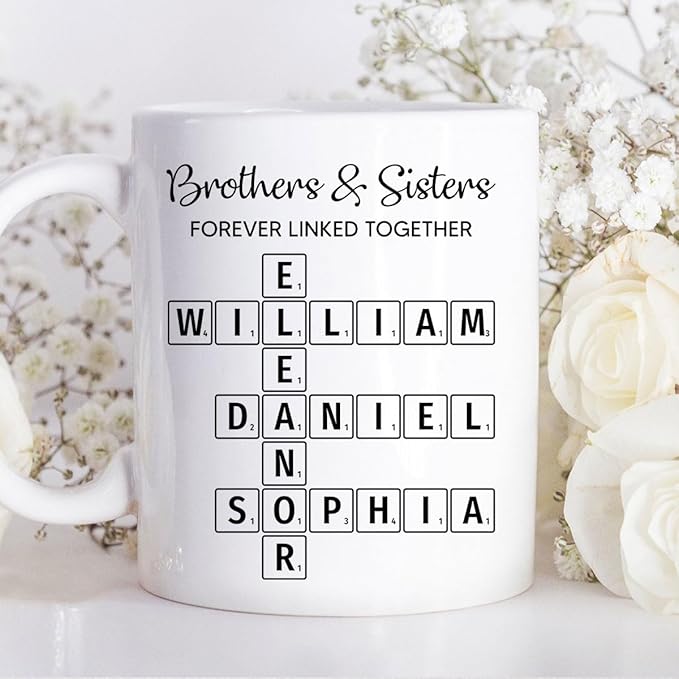 Family Forever Linked Together Custom Names Ceramic Mug, Crossword Puzzle Art, for Birthday, Anniversary or Special Occasions (Brothers & Sisters Forever Linked Together White Mug Ver 1)