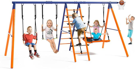 Swing Sets for Backyard 3 Seats - 6 in 1 Swing Set Outdoor for Kids, Extra Large Heavy Duty Metal Swing Frame with 3 Adjustable Swings, Climbing Ladder and Net, Basketball Hoop, Load 700 lbs