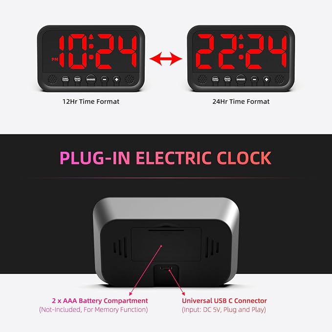 Small LED Digital Clock for Bedroom, Loud Alarm Clock for Heavy Sleepers Adults, Teens | Plug-In Electric Desk Clock | Simple Bedside Nightstand Clock with Adjustable Volume/Brightness/Snooze – Red