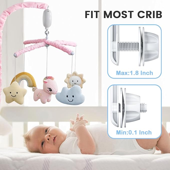 Feisike Crib Mobile for Girls - Baby Mobile for Crib with 35 Lullabies, 3 Modes Digital Musical Box（Turn Only, Music Only, Turn & Music, Pink, Nursery Toys, Nursery Decor, Knob Type