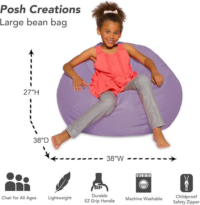Posh Creations Bean Bag Chair for Kids, Teens, and Adults Includes Removable and Machine Washable Cover, Heather Lavender, 38in - Large