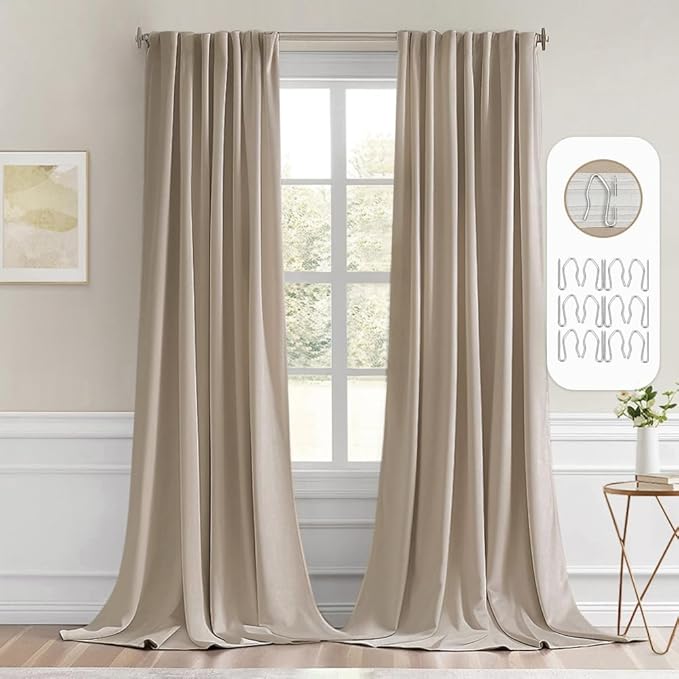MIULEE Taupe Back Tab Blackout Curtains 108 Inch Long 2 Panels Set for Bedroom, Rod Pocket/Pinch Pleat Extra Long Thermal Insulated Living Room Darkening Pleated Light Blocking Drapes