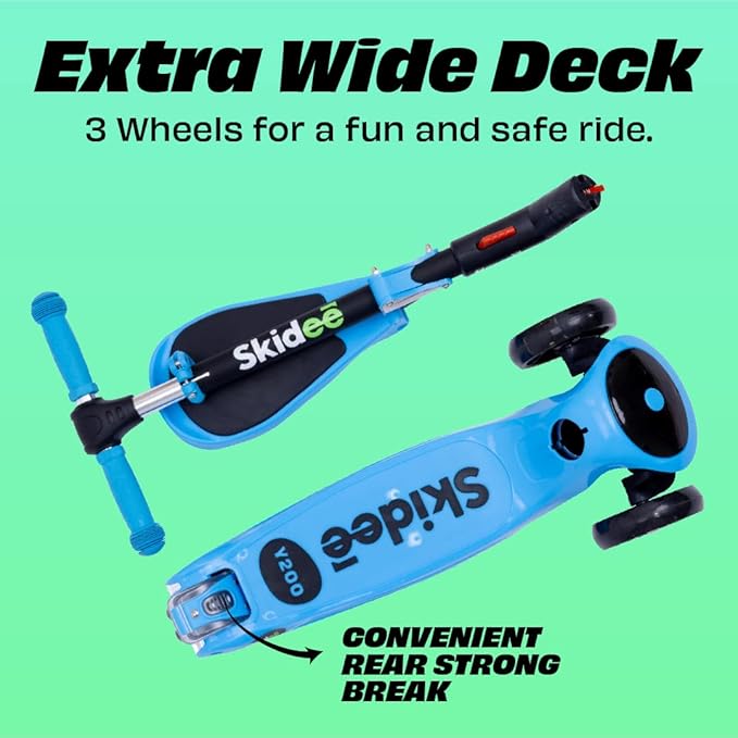 SKIDEE Kick Scooters for Kids Ages 3-5, Adjustable Height Foldable Scooter with Removable Seat, 3 LED Light Wheels, Rear Brake, Wide Standing Board, Suitable Up to 12 Year Old Boys/Girls