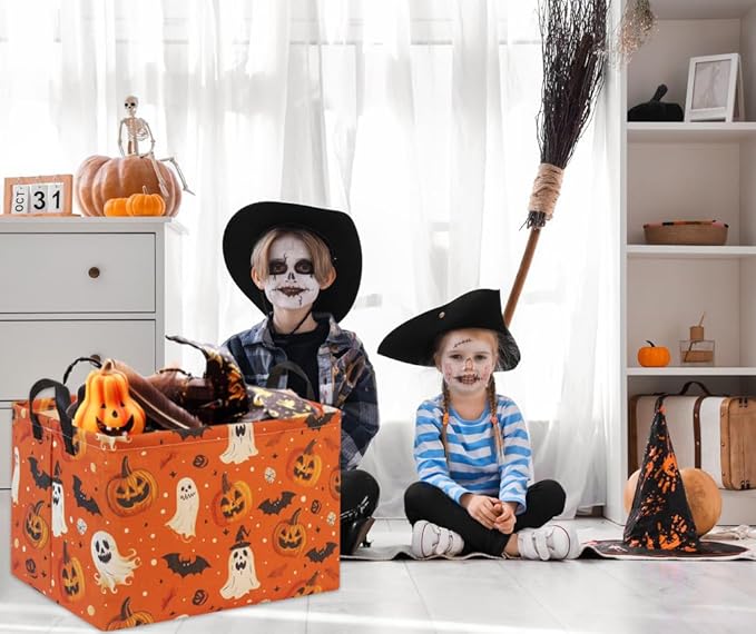HIYAGON Halloween Basket Halloween Pumpkin Basket for Boys and Girls Trick or Treat Pumpkin Basket for Halloween Parties Cute Storage Bin Organizer Box Rectangular Room Decor(Halloween Pumpkin)