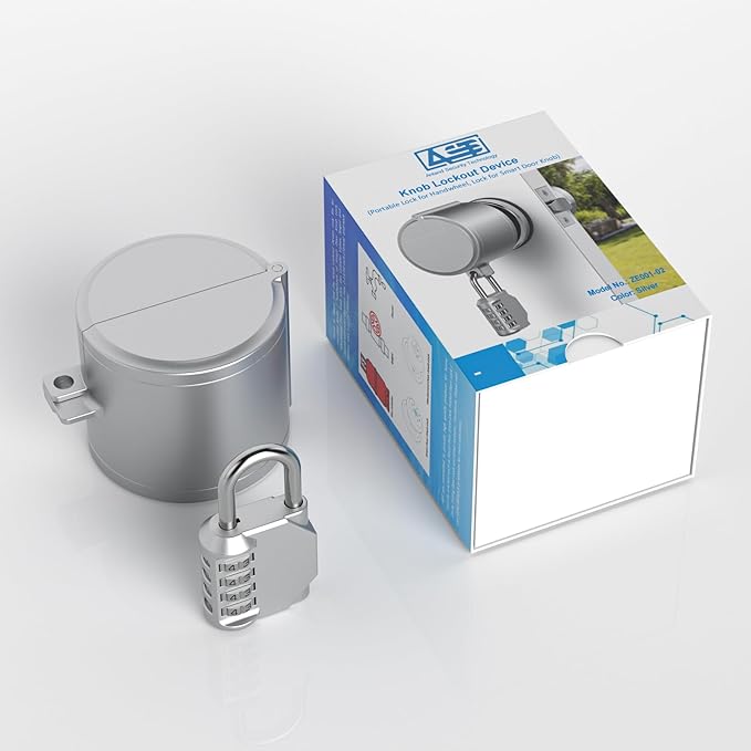 AST Door Knob Lockout Device with Passcode Padlock, Childproof Door Knob Cover, Lock Out to Smart Doorknob. Safety Cover for Faucet, Valve, Spigot. Prevent Access to Keyhole, Matte Silver
