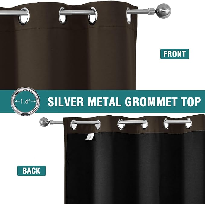 ChrisDowa 100% Blackout Curtains 63 inch Long for Bedroom with Black Liner, 2 Thick Layers Total Blackout Thermal Insulated Grommet Window Curtains 2 Panels Set (Brown, 38 x 63 Inch)