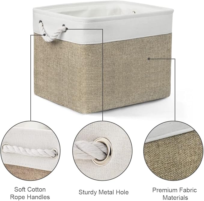 TcaFmac Organization and Storage Basket for Shelves - 16x12x12 inch Large 2 Pack Collapsible Storage Bins for Organization, Fabric Storage Cubes for Box Cloth Toy Books Kids (White & Khaki)