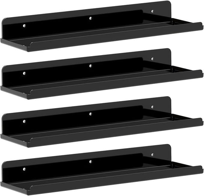 Lifewit Floating Shelves for Wall, 4 Pack Black Acrylic Shelf 15" Room Decor for Bookcase/Vinyl Record Display/Photo/Picture in Bedroom, Living Room, Bathroom, Kitchen Storage and Organization