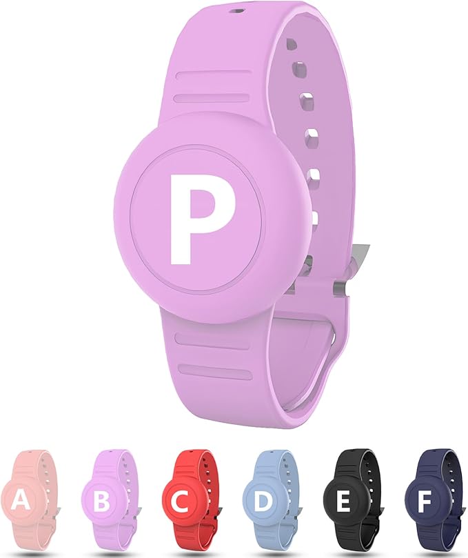 Waterproof Bracelet for AirTag Kids, Personalized Initial Letter Hidden Holder Compatible with Air Tag, Silicone Case for Airtag Adjustable Anti-Lost GPS Tracker for Toddler Child Elder, P