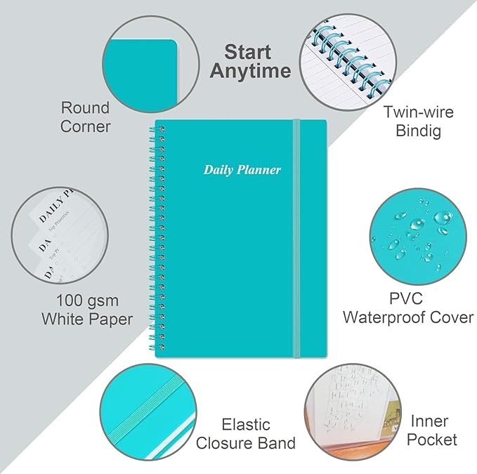 Daily Planner Undated - A5 To Do List Notebook Hourly Schedules, Spiral Appointment Planner for Women and Men, PVC Hardcover, Inner Pocket, Elastic Closure, 5.8" x 8.3", Teal
