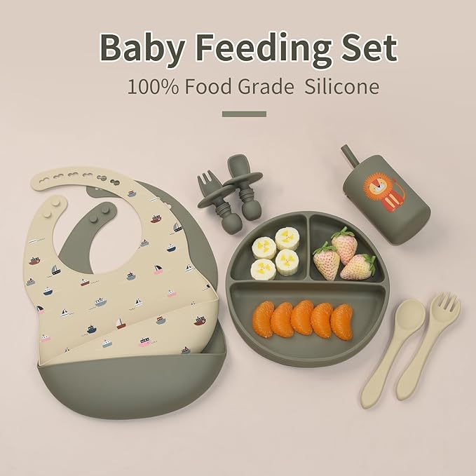 Silicone Baby Feeding Set, Baby Led Weaning Supplies, Baby Spoons Suction Divided Plate Bib Cup, First Stage Solid Food Eating Utensils - 6+ Months(Green-Beige)