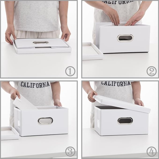 PRANDOM Collapsible Storage Box with Lid [1-Pack] Leather Fabric Foldable Storage Bin Organizer Container Basket Cube with Cover for Home Bedroom Closet Office Nursery White (13.6x9.6x6.9)