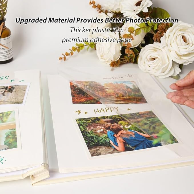 RECUTMS Photo Album Self Adhesive with Round Window 4x6 5x7 6x8 8x10 Magnetic Scrapbook with 40 Pages Leather Cover DIY Photo Album with Metallic Pen and Scraping Plate (Brown)