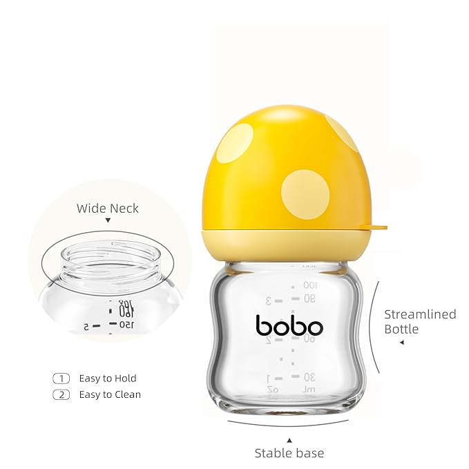 YOHKOH Natural Glass Baby Bottle with Natural Response Nipple, Newborn Anti-Colic Baby Bottles, Wide Neck Mushroom Cap Baby Bottle, Clear (Yellow-A, 3.4oz (Pack of 4))