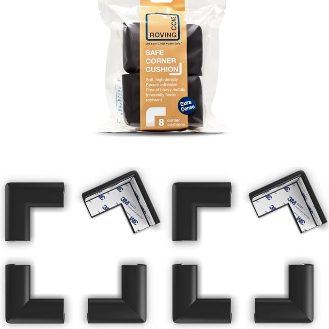Roving Cove Slim-Fit Corner Protector for Baby Proofing (8 Small Corners), Soft Rubber Foam Furniture Corner Bumper Guards, 3M Adhesive Pre-Taped, Onyx Black