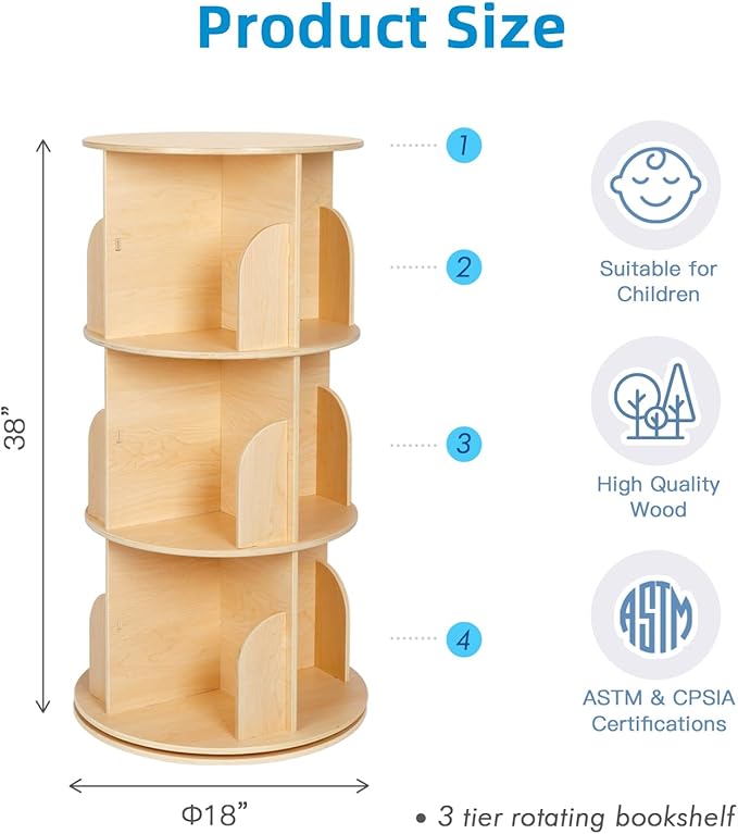 OOOK Kids Rotating Bookshelf, Small Corner Bookshelf for Small Space, 360° Display 3 Tier Floor Standing Bookcase Storage Rack, Wooden Narrow Bookcase Organizer for Bedroom, Living Room