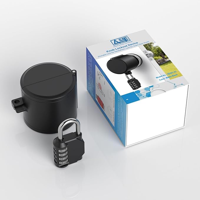 AST Door Knob Lockout Device with Passcode Padlock, Childproof Door Knob Cover, Lock Out to Smart Doorknob. Safety Cover for Faucet, Valve, Spigot. Prevent Access to Keyhole, Matte Black