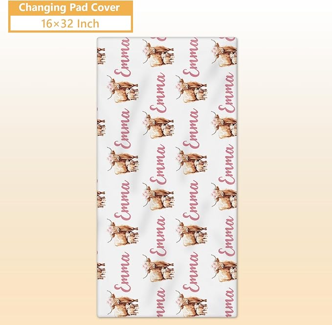 Personalized Baby Crib Bedding Set, 5 Pcs Custom Name Nursery Bedding Set, Pink Highland Cow Baby Bedding Set for Girl, Double Layer Baby Crib Sets, Customized Gifts for Toddlers Kids Infants