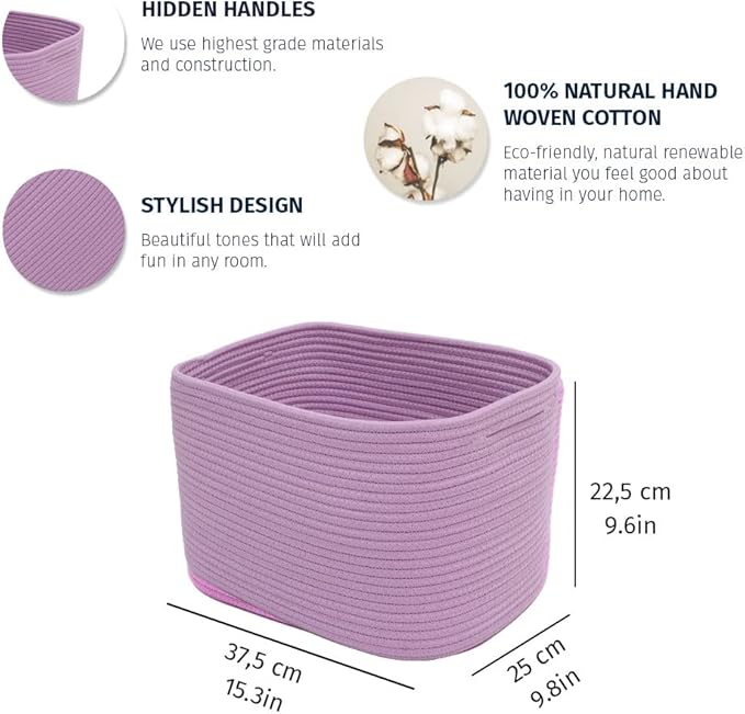 OrganiHaus Purple Basket for Shelves, Decorative Cloth for Organizing, Cotton Rope Storage Basket for Toys, Small Woven Baskets for Storage