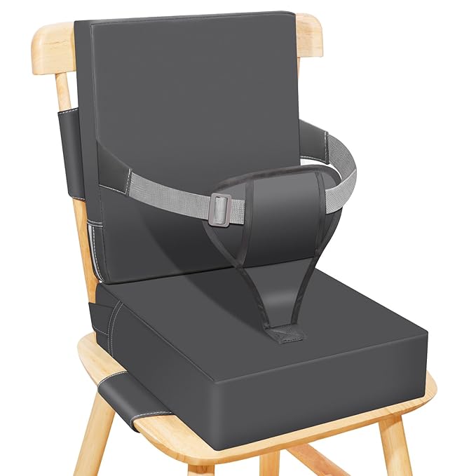 Toddler Booster Seat for Dining Table Kitchen Chair, Waterproof Non-Slip with Backrest & Adjustable Straps, Portable PU Travel Baby Kids Booster Seat Cushion