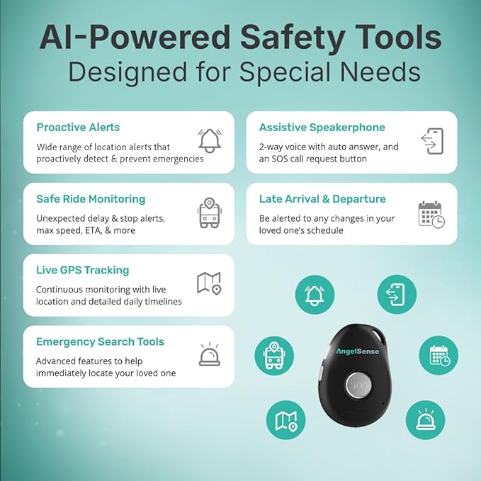 AngelSense Personal GPS Tracker for Kids, Teen, Autism, Special Needs, Elderly, Dementia - 2-Way Auto-Answer Speakerphone & SOS Button - School Bus Tracking - Subscription Required