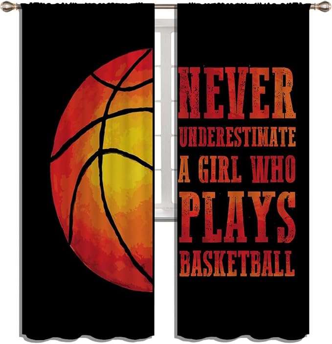 Red Basketball Blackout Curtains for Boy Girl Room Darkening Decor,Sport Theme and Motto Dark Background Bedroom Living Room Home Rod Pocket Thermal Insulated Window Curtain/Drapes Panel,84x63 Inch…