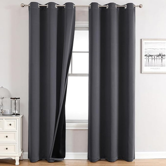 ChrisDowa 100% Blackout Curtains for Bedroom with Black Liner, 2 Thick Layers Total Blackout Thermal Insulated Grommet Window Curtains 84 Inch Long 2 Panels Set (Dark Grey, 42 x 84 Inch)
