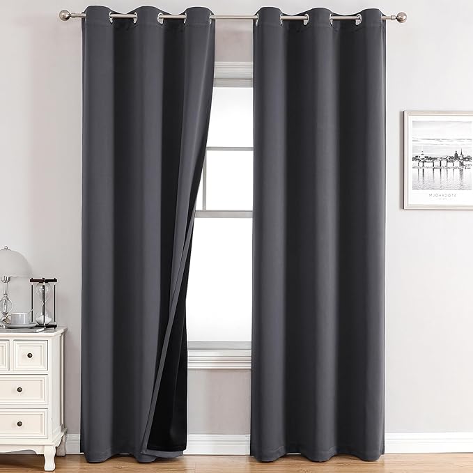 ChrisDowa 100% Blackout Curtains 78 inch Long for Bedroom with Black Liner, 2 Thick Layers Total Blackout Thermal Insulated Grommet Window Curtains 2 Panels Set (Dark Grey, 42 x 78 Inch)