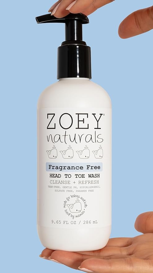 Zoey Naturals Fragrance-Free Head to Toe Baby & Toddler Wash – Tear-Free Body Wash and Shampoo with Gentle pH for Sensitive Skin – 9.65 oz