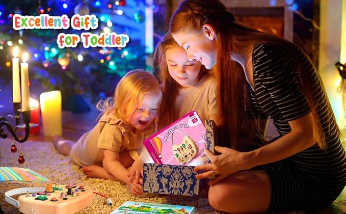 Montessori Toddler Busy Board, Wooden Busy Board with 17 LED Lights Switch, Travel Toys for Toddlers 1-3 Years,Toddler Sensory Boards, Toys for 1 Year Old Girls