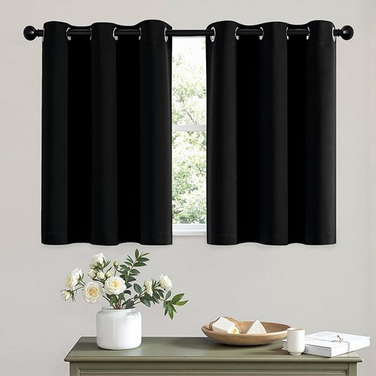 MIULEE Short Curtains for Windows - Black Blackout Half Window Curtains Thermal Insulated Drapes for Kitchen Bedroom Bathroom Grommet Small Basement Tiers Halloween Decor W40 x L36 Inch 2 Panels