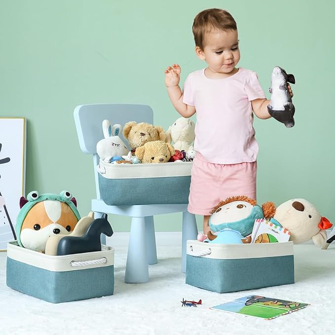 TheWarmHome Fabric Storage Bin with Handles,Storage Basket for Home Storage and Organization, Shelf Basket with Cover for Living Room Bedroom Closet（White & Green Medium 13.8L×9.8W×6.7H