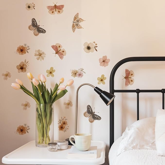 YouRfocus Butterfly and Flower Wall Decals – 72 Decals, Removable Floral Wall Stickers for Bedroom, Nursery, Girls Room, Boho Nature Decor, Reusable Home Decoration (12 Sheets)