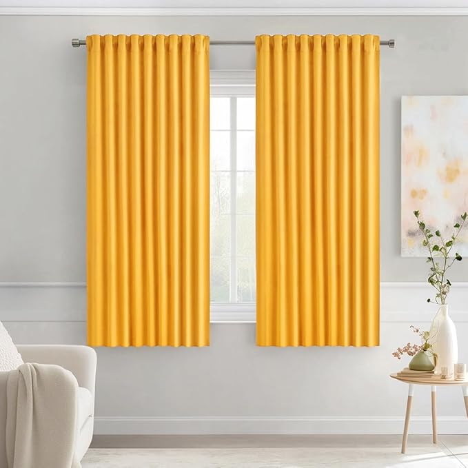 MIULEE Yellow Back Tab Blackout Curtains 63 Inch Length 2 Panels Set for Living Room Bedroom Privacy, Rod Pocket/Pinch Pleat Thermal Insulated Room Darkening Pleated Light Blocking Drapes