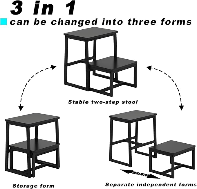 Step Stool for Adults,Holds up to 500Lb,3 in1 Heavy Duty Sturdy Two Step Stool for Kichen/Bathroom/High beds, Wooden&Metal Frame, Non-Slip Pads