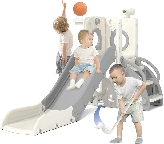 KORIMEFA 7 in 1 Toddler Slide, Kids Slide for Toddlers Baby 1-3 Years Old, Indoor and Outdoor with Basketball Hoop & Golf Set, Plastic Slides for Kids Easy Assembly, Grey