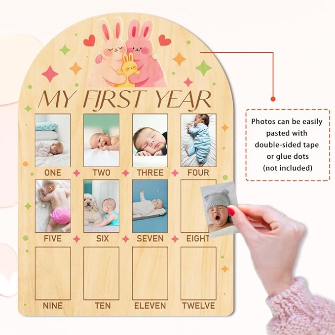 ORIGACH My First Year Baby Growth Photo Display Wood Board - 12 Months Newborn Milestones Photo Board - Neutral Baby Keepsake Frame 1st Birthday Party Nursery Decor New Mom Gift - Rabbit
