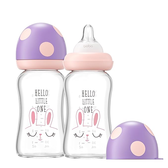 YOHKOH Natural Glass Baby Bottle with Natural Response Nipple, Newborn Anti-Colic Baby Bottles, Wide Neck Mushroom Cap Baby Bottle, Clear ((5.4oz (Pack of 2), Purple)