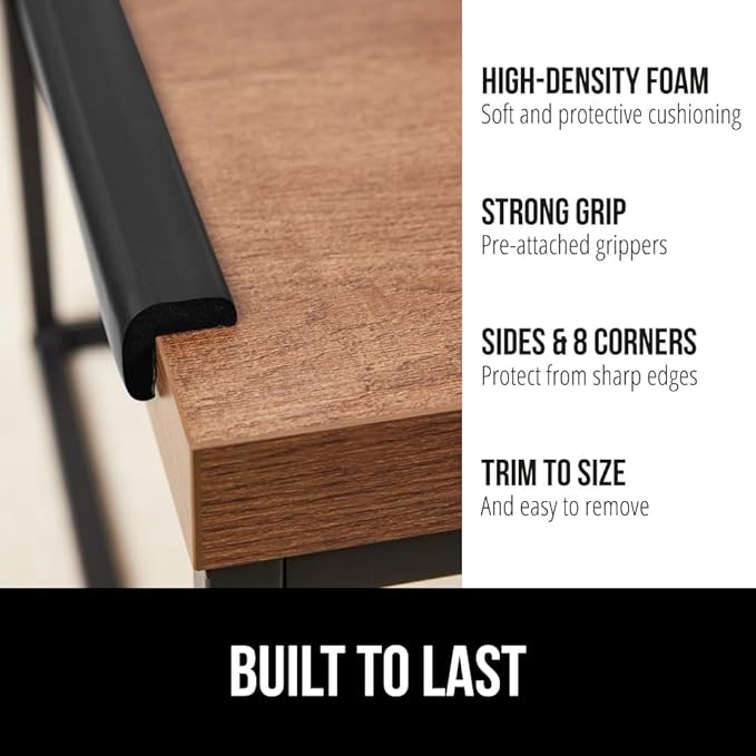 GORILLA GRIP Baby Proof Corners and Edges for Furniture, Kid Proofing Adhesive Table Corner Protectors, Heavy Duty Soft Rubber Foam Protection, Includes 8 Protective Safety Guards, 18 Feet, Black