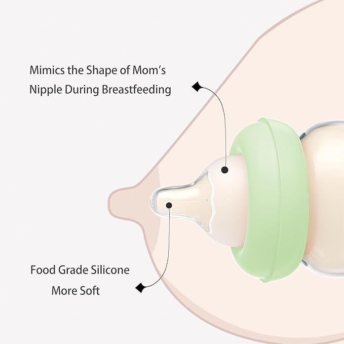 YOHKOH Natural Glass Baby Bottle with Natural Response Nipple, Newborn Anti-Colic Baby Bottles, Wide Neck Mushroom Cap Baby Bottle, Clear (Green, 3.4oz (Pack of 4))