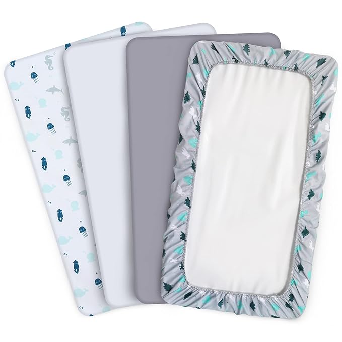 Mini Crib Sheets Set - 4 Pack, Portable Crib Sheets (38" X 24") | Multiuse for Pack n Play, Playard, Playpen, Crib, Grey