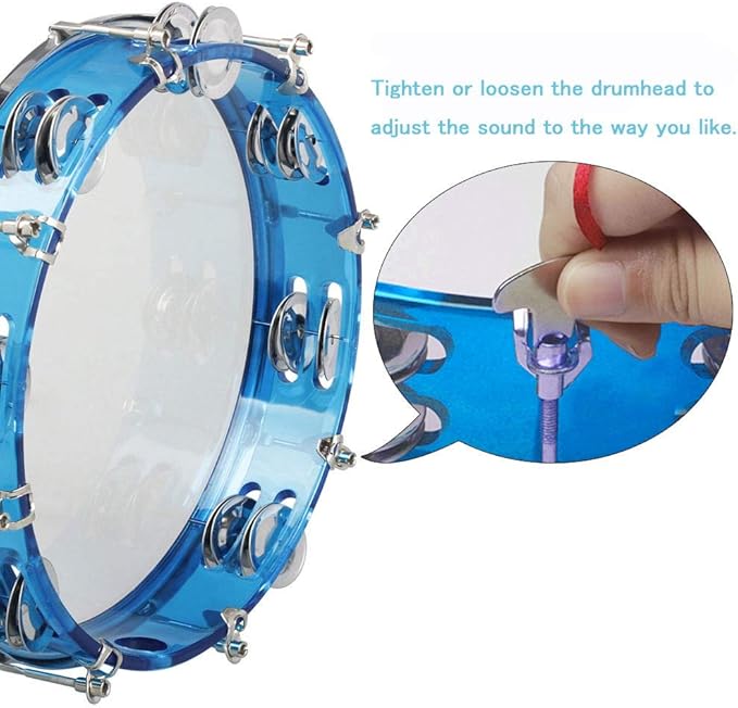 ENNBOM Tambourine Adjustable Tone Hand Drum Double Row Metal Jingles Hand Bell Performance Level Handheld Percussion (Blue)