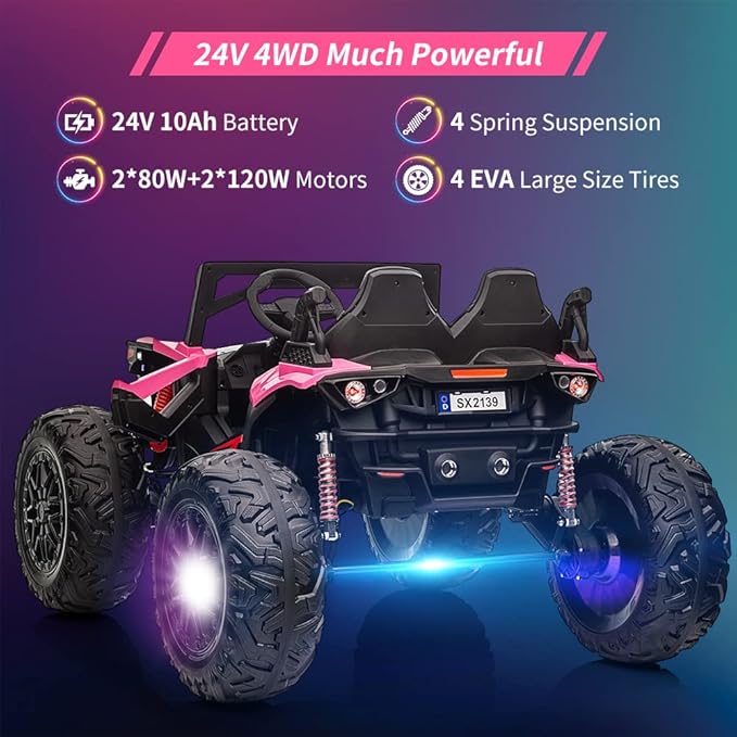 2 Seaters 24V Ride on UTV with Remote Control,10AH Battery, 400W Powerful Motors with 17" EVA Wheels, 20.5“ Seat Width Electric Ride Toy with Metal Suspension,LED Lights,Music,Horn (Rose)