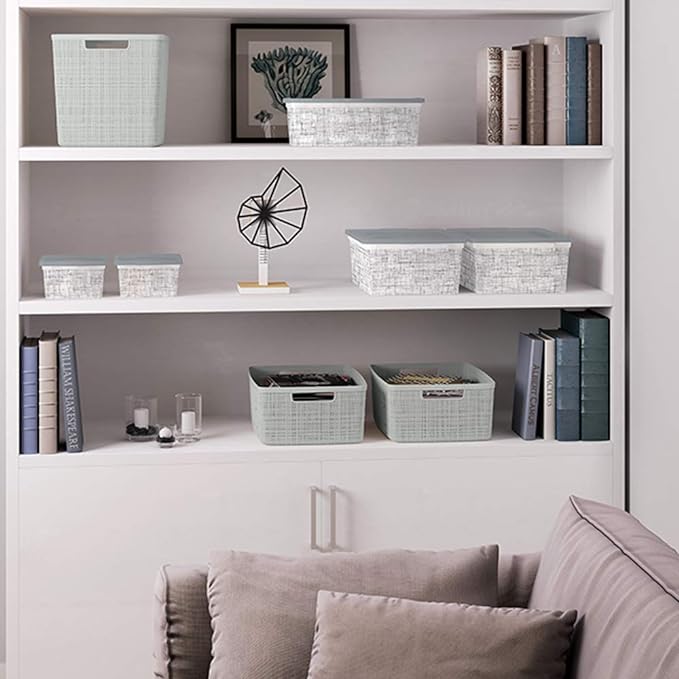 Curver Jute Decorative Plastic Organization and Storage Basket Perfect Bins for Home Office, Closet Shelves, Kitchen Pantry and All Bedroom Essentials, Small, Grey, Set of 8