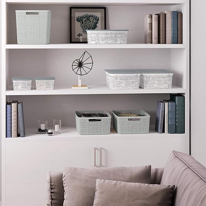 Curver Jute Decorative Plastic Organization and Storage Basket Perfect Bins for Home Office, Closet Shelves, Kitchen Pantry and All Bedroom Essentials, (Set of 6), Grey, Medium