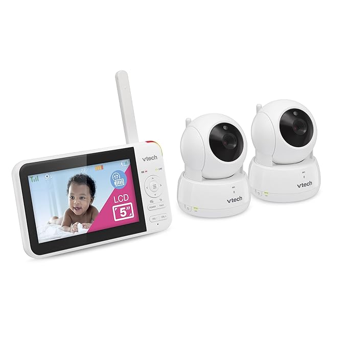 VTech VM924-2 Remote Pan-Tilt-Zoom Baby Monitor with 2 Cameras & Audio,5" LCD Screen,Up to 17Hrs Video Streaming&31Hrs Battery for Audio,Night Vision,1000ft Range,Soothing Sounds,Temperature Sensor