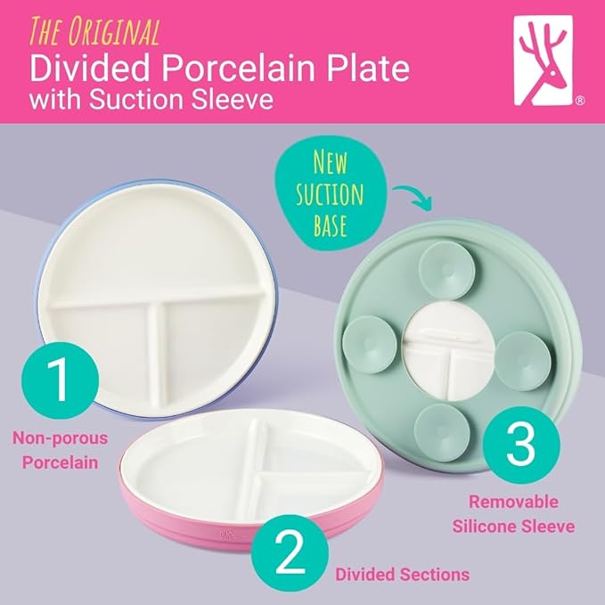 Elk and Friends Kids 7.8” Porcelain Divided Plates with Silicone Suction Sleeves | Suitable for Kids/Toddlers | Microwave & Dishwasher Safe | Non Slip | Snack Dishes | 2 Pack