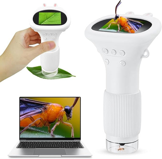 Microscope for Kids, 2'' Inch HD Screen Pocket Portable Microscope, 1000x Magnification Mini Magnifying Glass with Light for Kids, for 3-12 Girls & Boys - White
