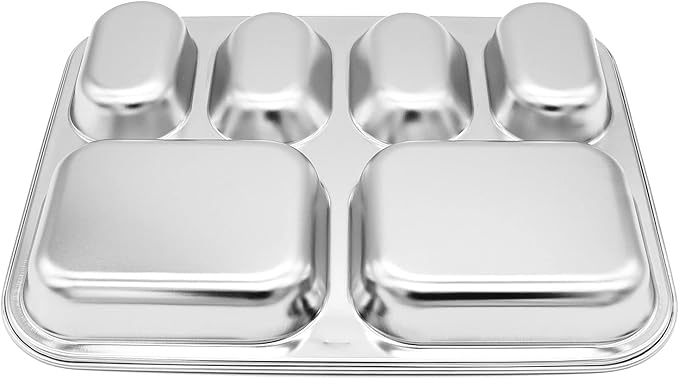 Korean Stainless Steel Divided Plates, Food Grade 304 Tray for Kids, Teens, Adults, Picky Eaters, BPA Free, 6 Sections, Diet Portion Control, Serving Platter, Dinner Snack, Set of 2
