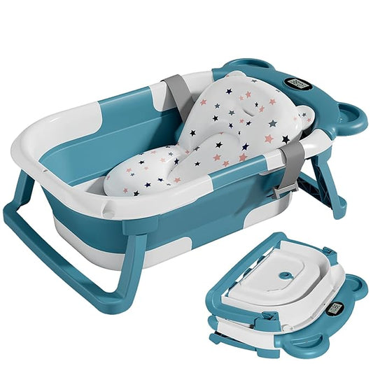 TPN Collapsible Baby Bathtub for Infants to Toddler with Real-time Temp Monitor+Floating Cushion,Foldable Baby Bath Tub Set Applicable 0-36 Month,Perfect Portable Travel Baby Tub for Newborns Boy
